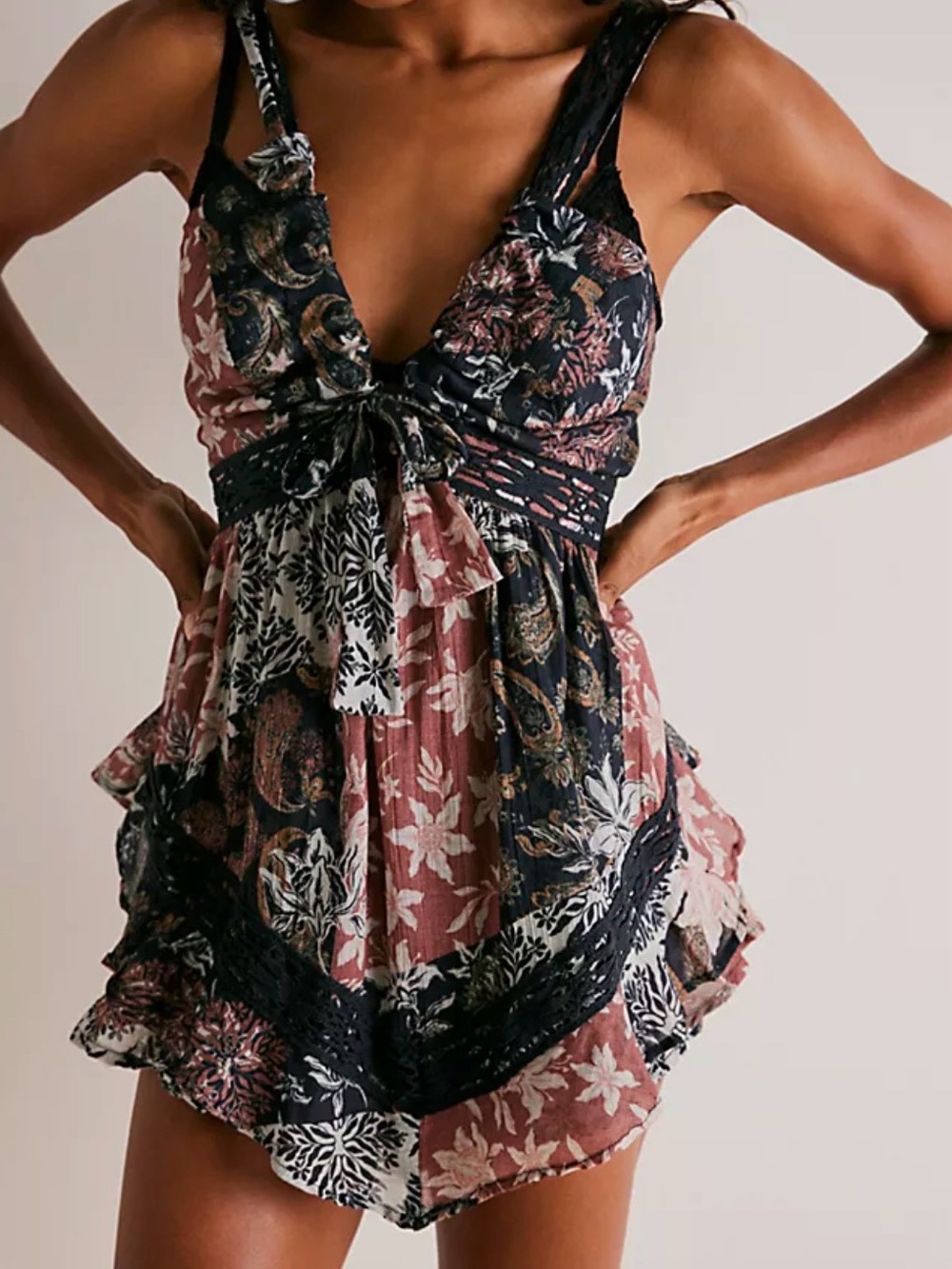 Free people Floral Patchwork Tie-Front Mini romper in Dusty Rose and Black